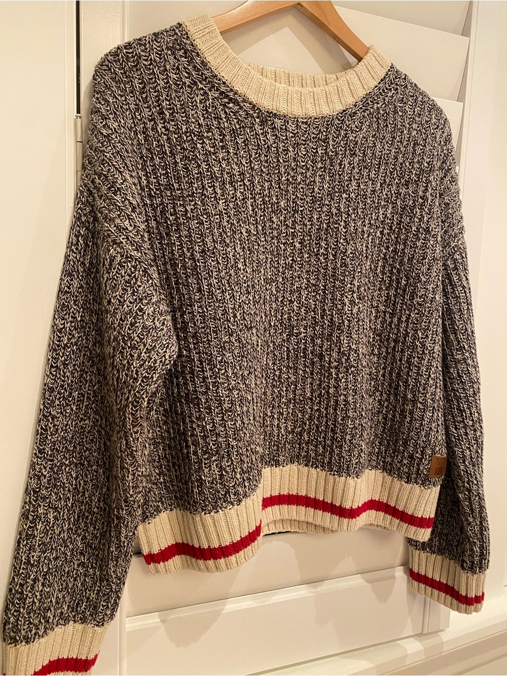 Roots Cable Cotton Blend Cabin Knit Sweater Salt and Pepper